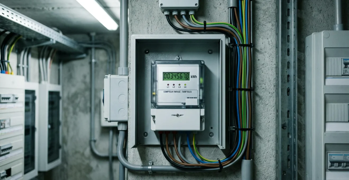 Compteur électrique professionnel triphasé affichant la consommation en kWh dans un local technique