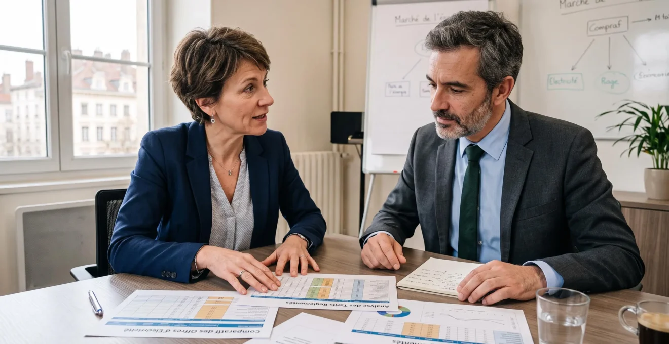 Consultant énergie expliquant une méthodologie de comparaison tarifaire à un responsable d'entreprise