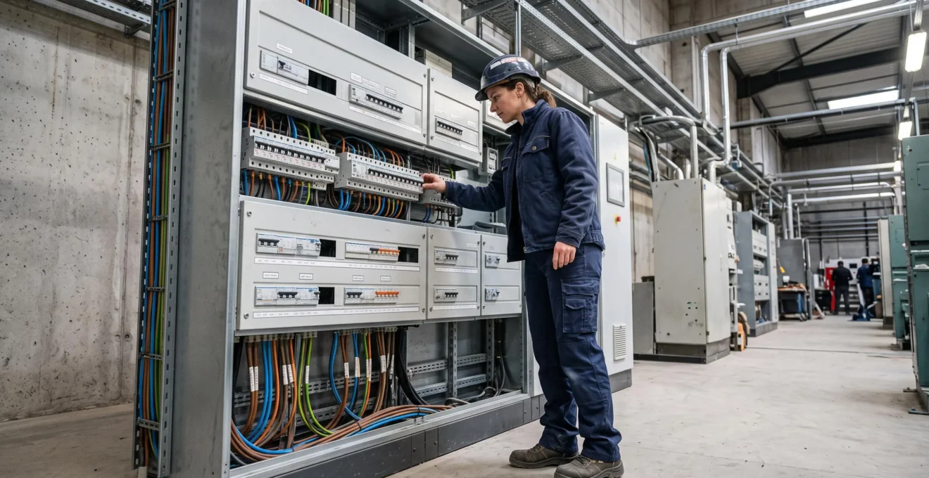 Électricien inspectant un tableau de distribution électrique dans une installation industrielle