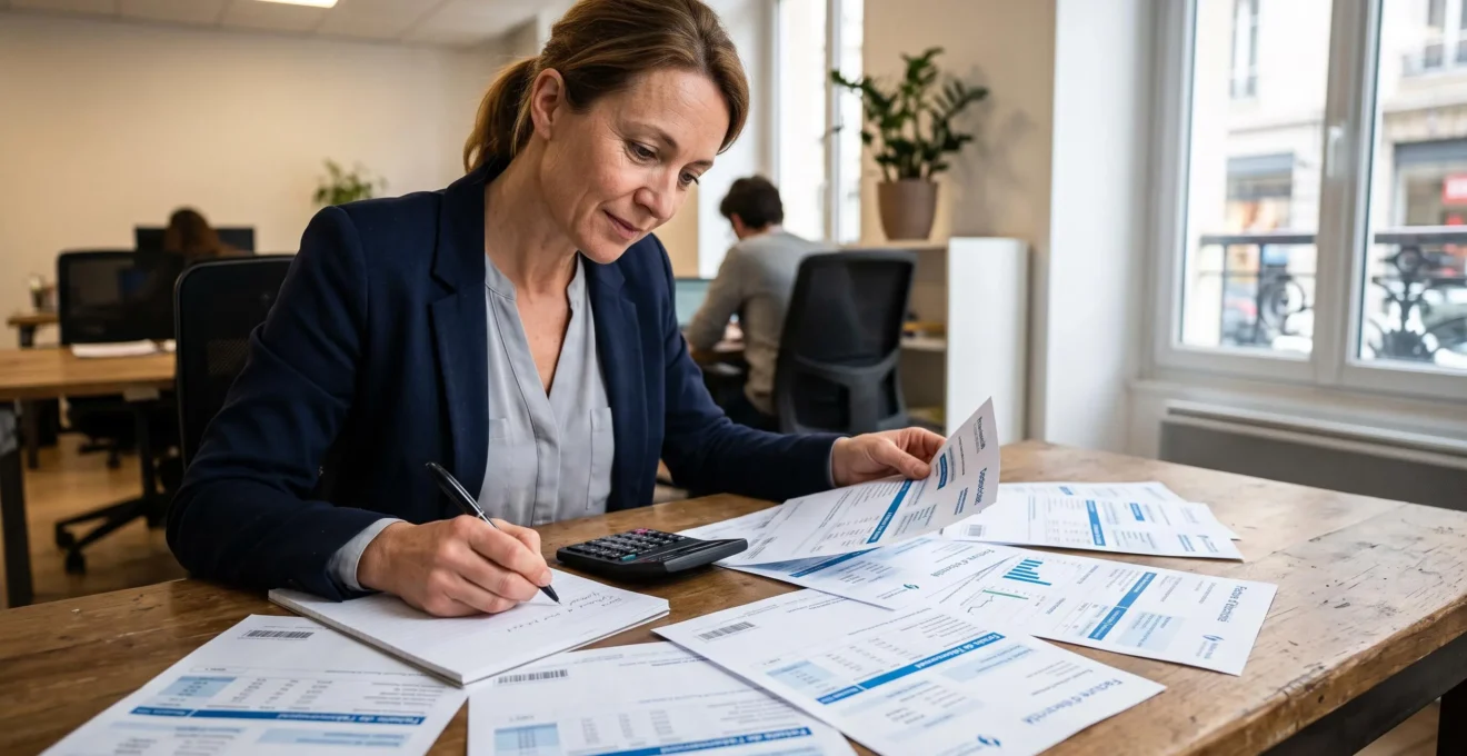 Responsable d'entreprise analysant des factures d'électricité et comparant des offres de fournisseurs sur son bureau