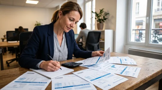 Responsable d'entreprise analysant des factures d'électricité et comparant des offres de fournisseurs sur son bureau